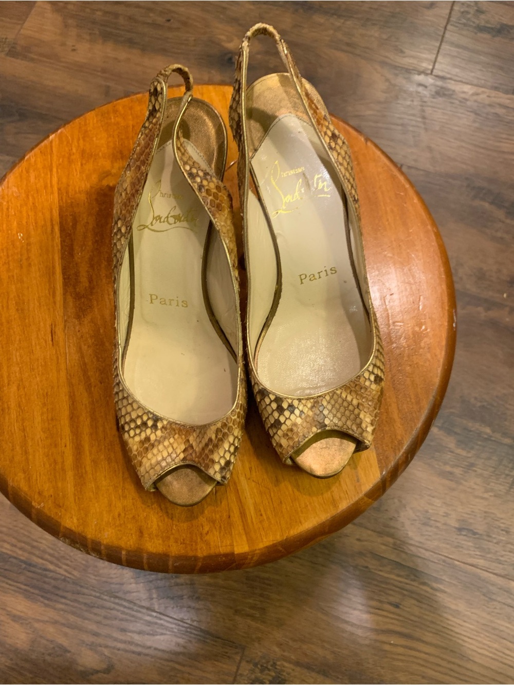 Christian Louboutin Tan Brown Snakeskin Peep-Toe Slingback Heels